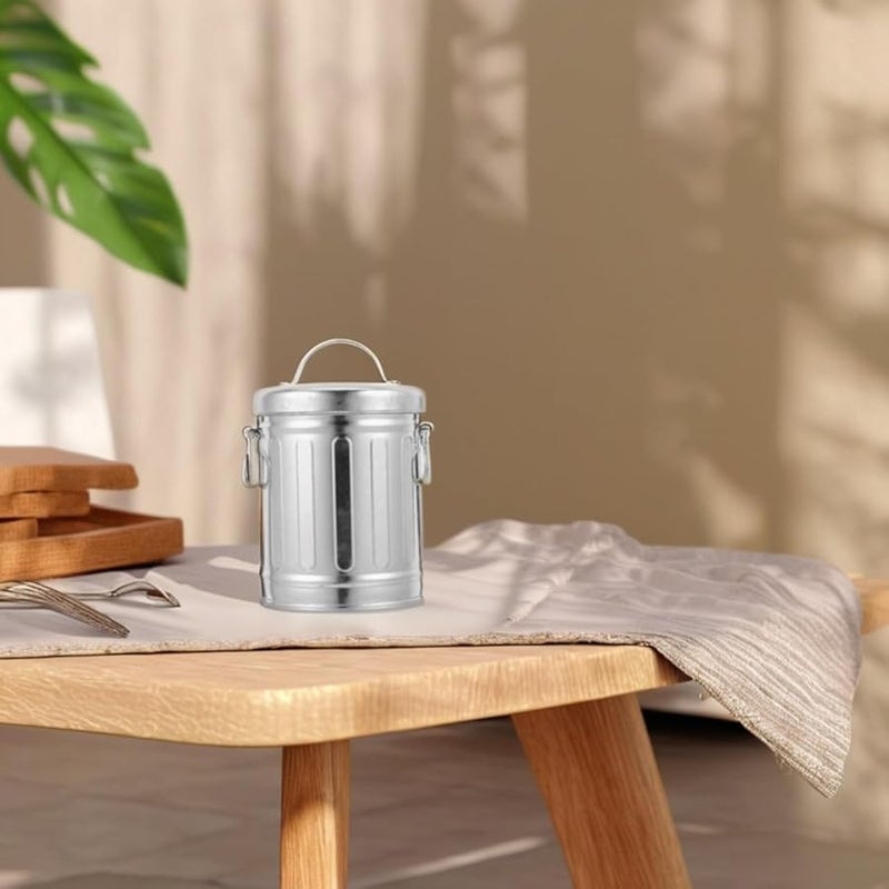 علبة قمامة معدنية صغيرة مطلية بالزنك بسطح مكتب مع غطاء ومرمدة دخان للاستخدام في المكتب - Image 4